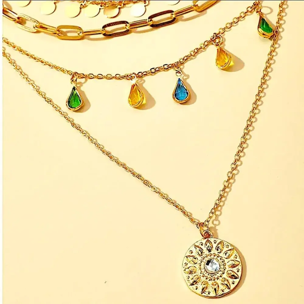 Gold Multilayer Boho Gemstone Drop Sun Paperclip Disk Necklace - Picture 4 of 6
